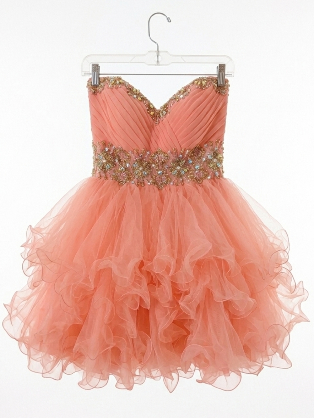 JULI​ET Coral Beaded Ruffled Cocktail Dress -Prom,Homecoming,Special Occasion XS